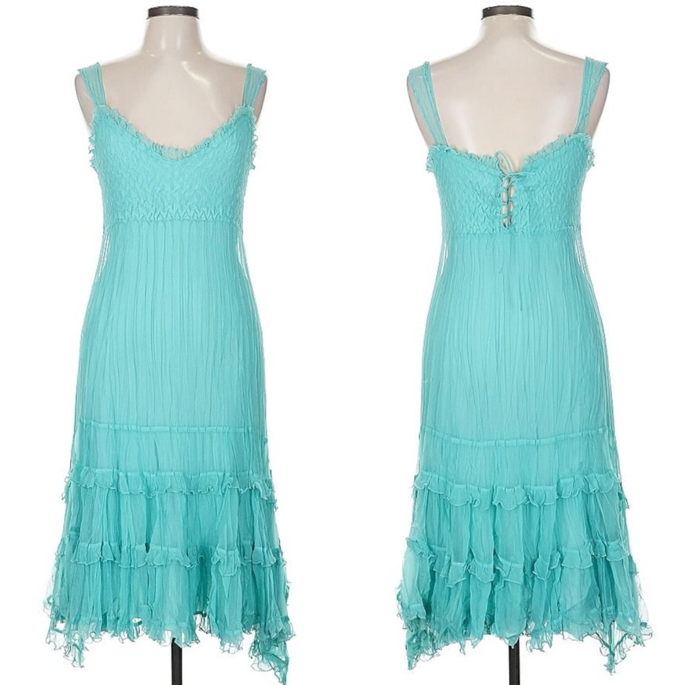 KOMAROV Tiered Ruffle Hem Chiffon & Charmeuse Midi Slip Dress Corset Bac…